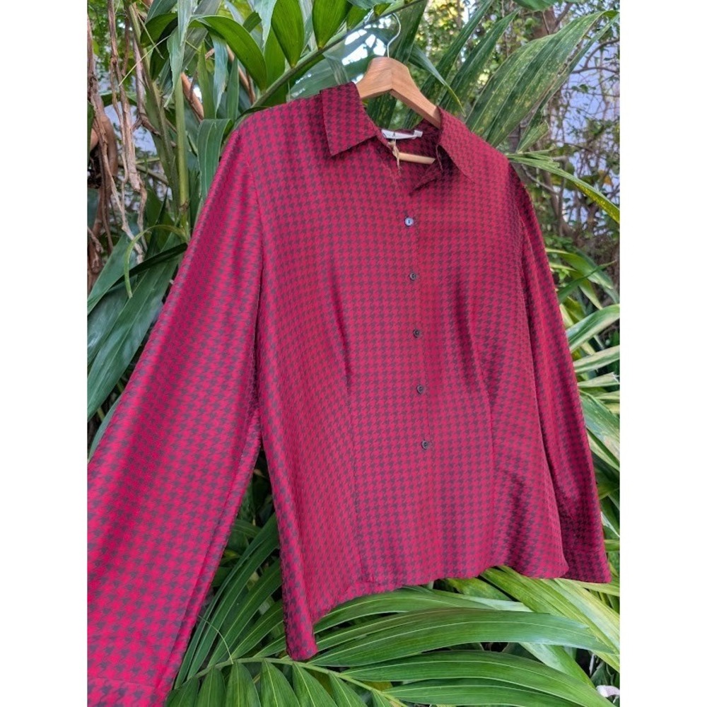 100% silk button up shirt houndstooth red satin blouse Vivienne Westwood style L